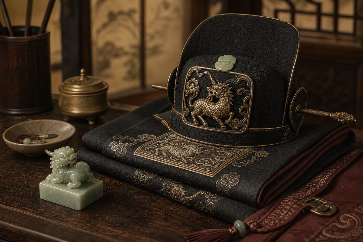 Xiezhi (獬豸) crown and official robe motif symbolizing integrity and legal authority