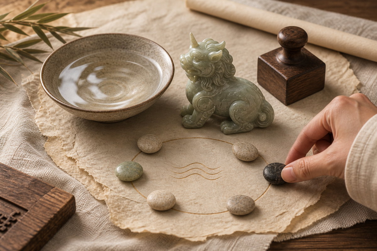 Xiezhi (獬豸) with water, seal, and stone symbols for the old law character Fa (灋)