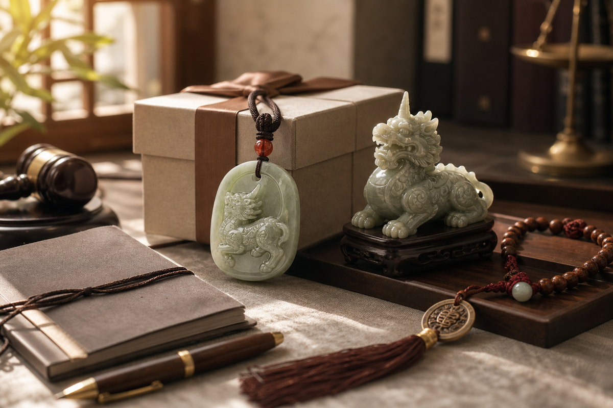 Xiezhi (獬豸) pendant and desk ornament arranged as a meaningful justice-themed gift