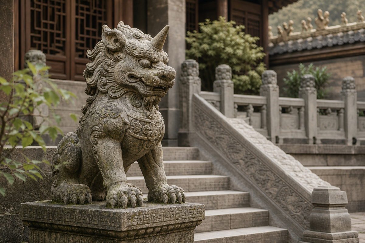 Stone Xiezhi (獬豸) guardian beast near restrained Eastern court architecture
