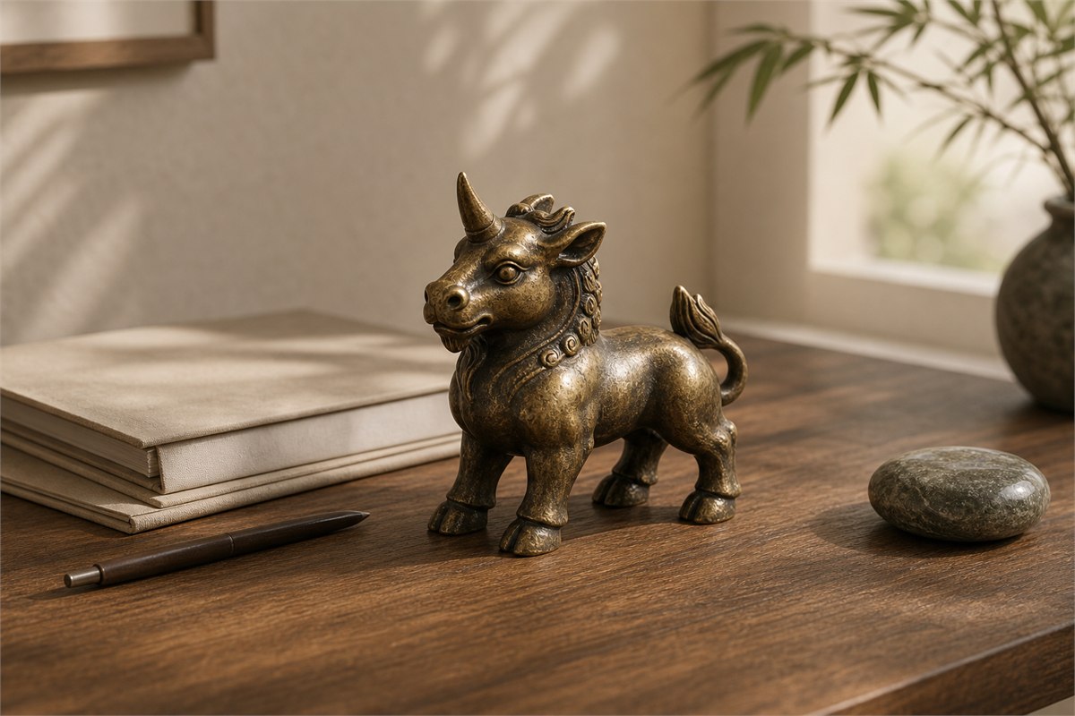 One-horned aged-brass Xiezhi with cloven feet on a modern professional desk