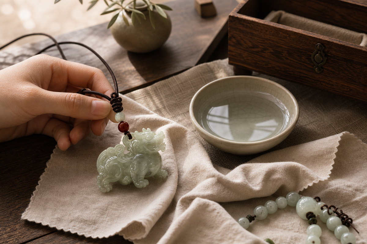 Xiezhi (獬豸) jade pendant with soft cloth and water for jewelry care