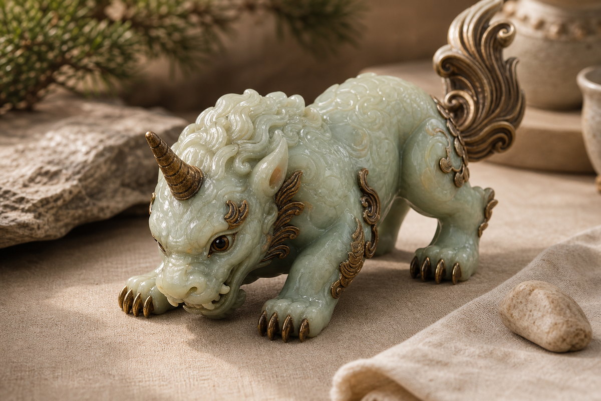 Xiezhi (獬豸) single horn, bright eyes, and forward posture in carved detail