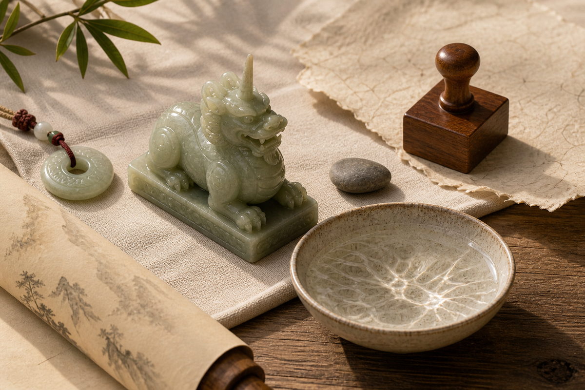 Xiezhi (獬豸) symbol map with water, seal, jade, and balanced stones for justice and law