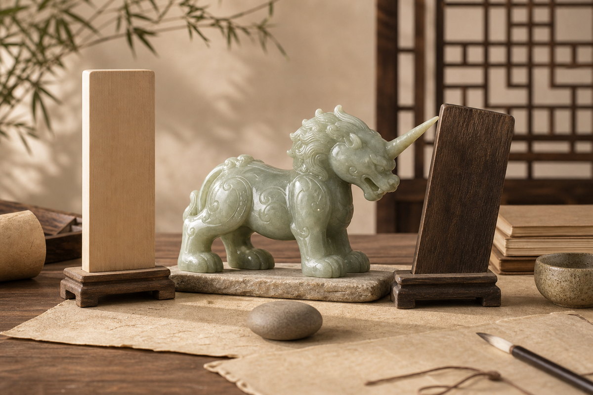 Xiezhi (獬豸) touching the crooked symbol with a tilted tablet and upright tablet