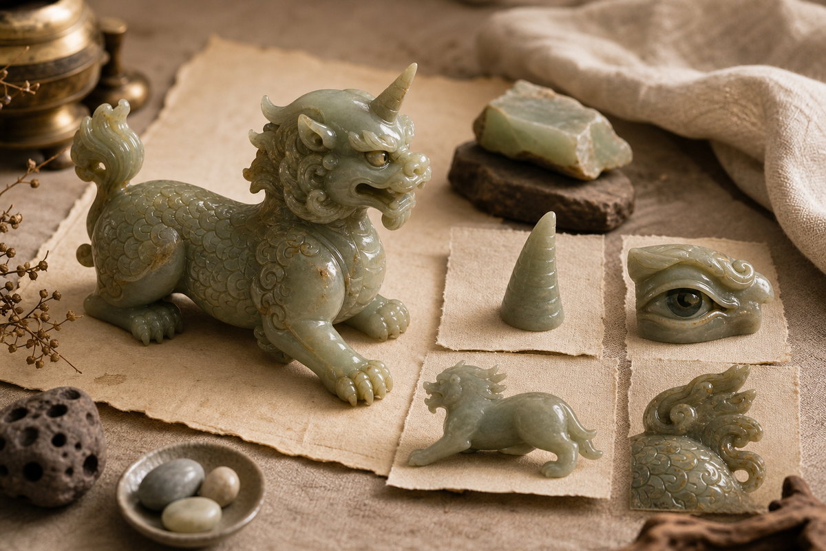 Xiezhi (獬豸) visual logic study showing horn, eyes, posture, tail, and carved body line