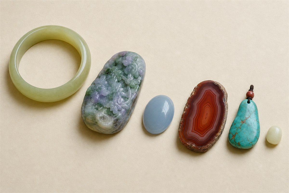 Xiuyan-style bangle, multicolor Dushan-style carving, blue chalcedony, banded red agate, and turquoise pendant arranged on ivory paper