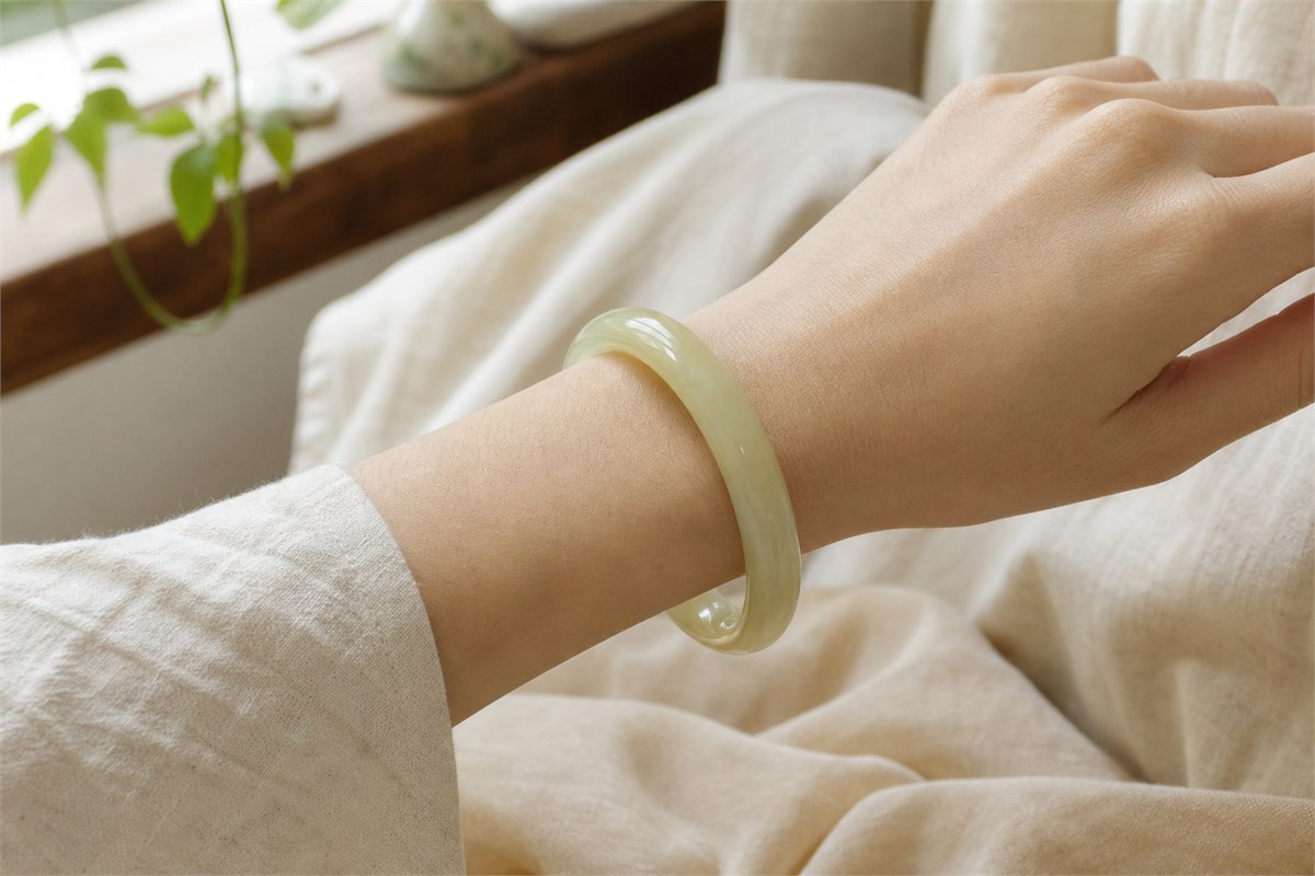 Single pale yellow-green Xiuyu bangle worn with an oatmeal linen sleeve