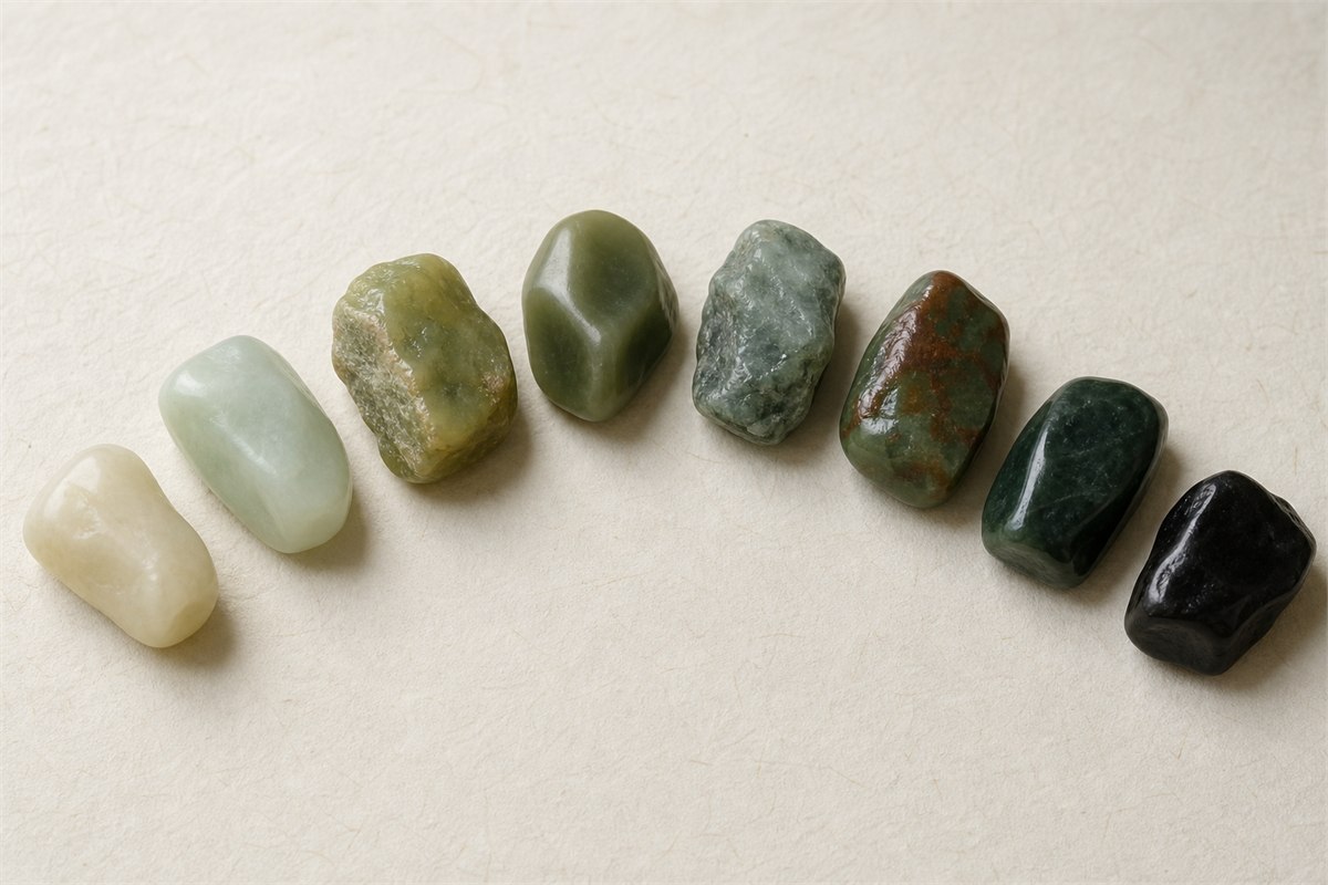 Eight Xiuyan jade specimens ranging from cream and pale green to olive and near-black