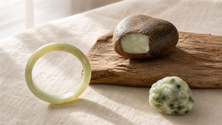 Pale green Xiuyu bangle, river-worn nephrite pebble and patterned Xiuyan jade carving