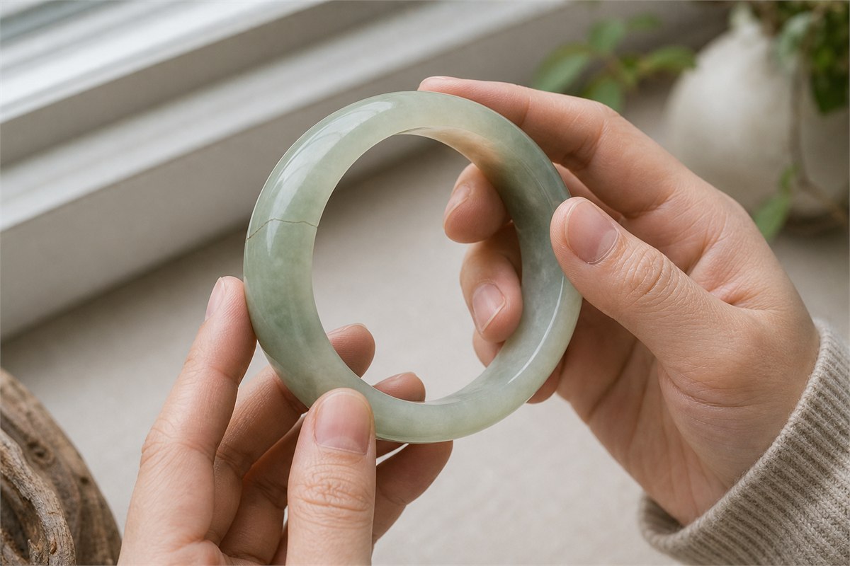 Hands rotating a pale green Xiuyu bangle near a window to inspect its edges and fissure