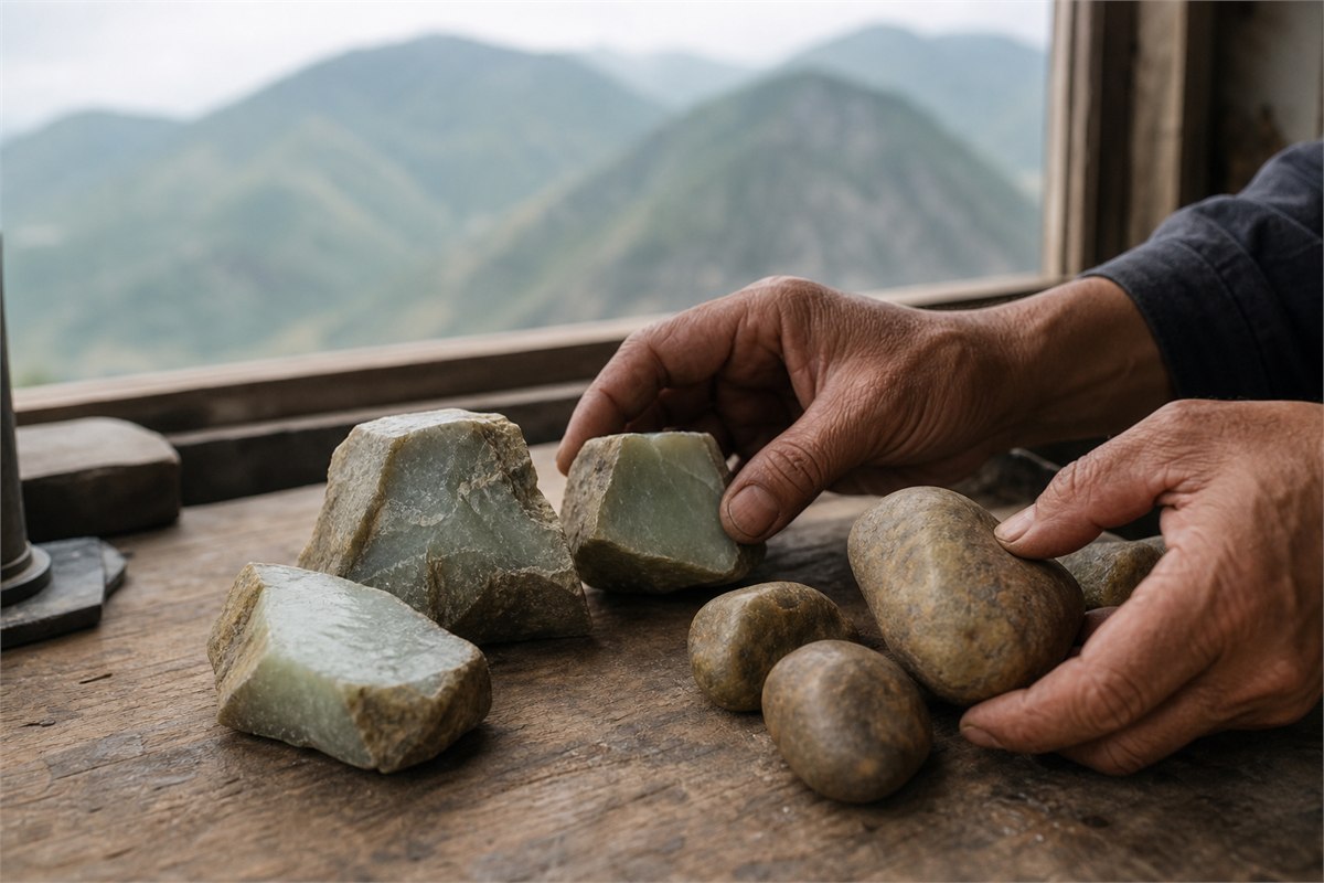 Artisan hands sorting angular jade rough and rounded river-worn pebbles at a workshop