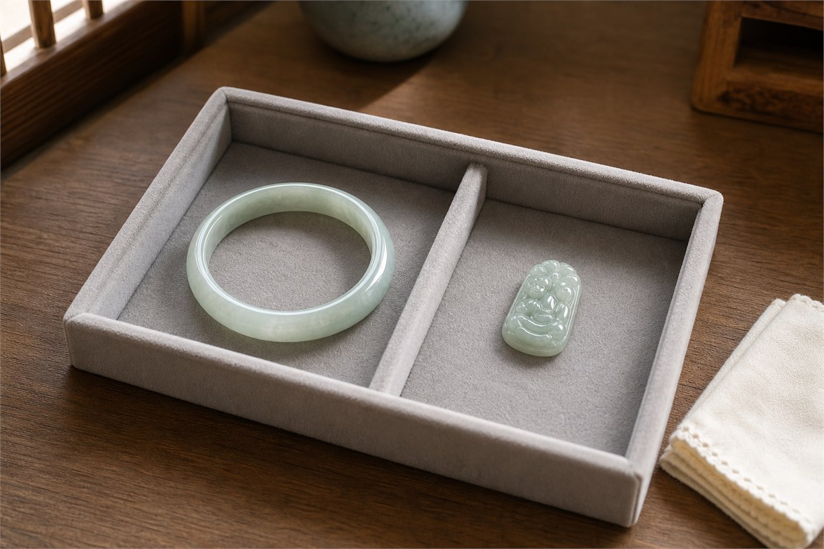 Dry Xiuyu bangle and pendant stored in separate soft-lined jewelry tray compartments