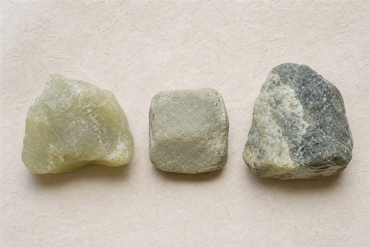 Three Xiuyan-region specimens showing serpentine-rich Xiuyu, nephrite and mixed rock