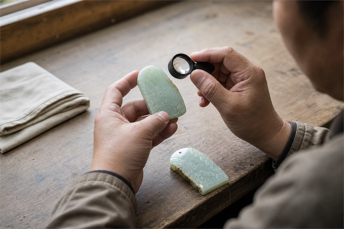 Artisan using a loupe to inspect the polish and carving edges of two pale green pendants
