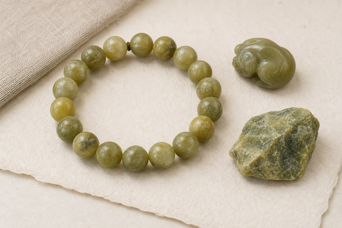 Yellow-green Xiuyan serpentine bracelet, rounded carving, and rough stone showing waxy luster and natural mottling
