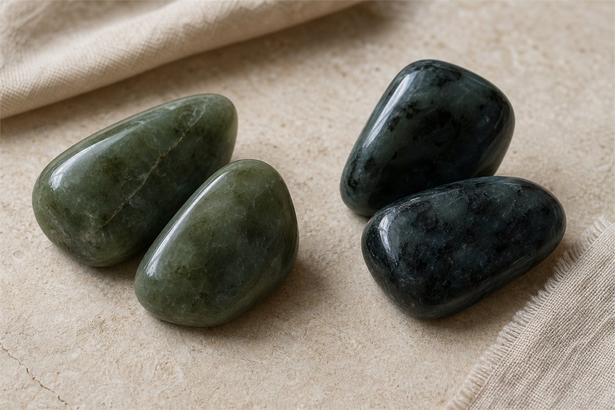 Deep green translucent Xiuyu samples beside dark blue-green patterned Xiuyu samples