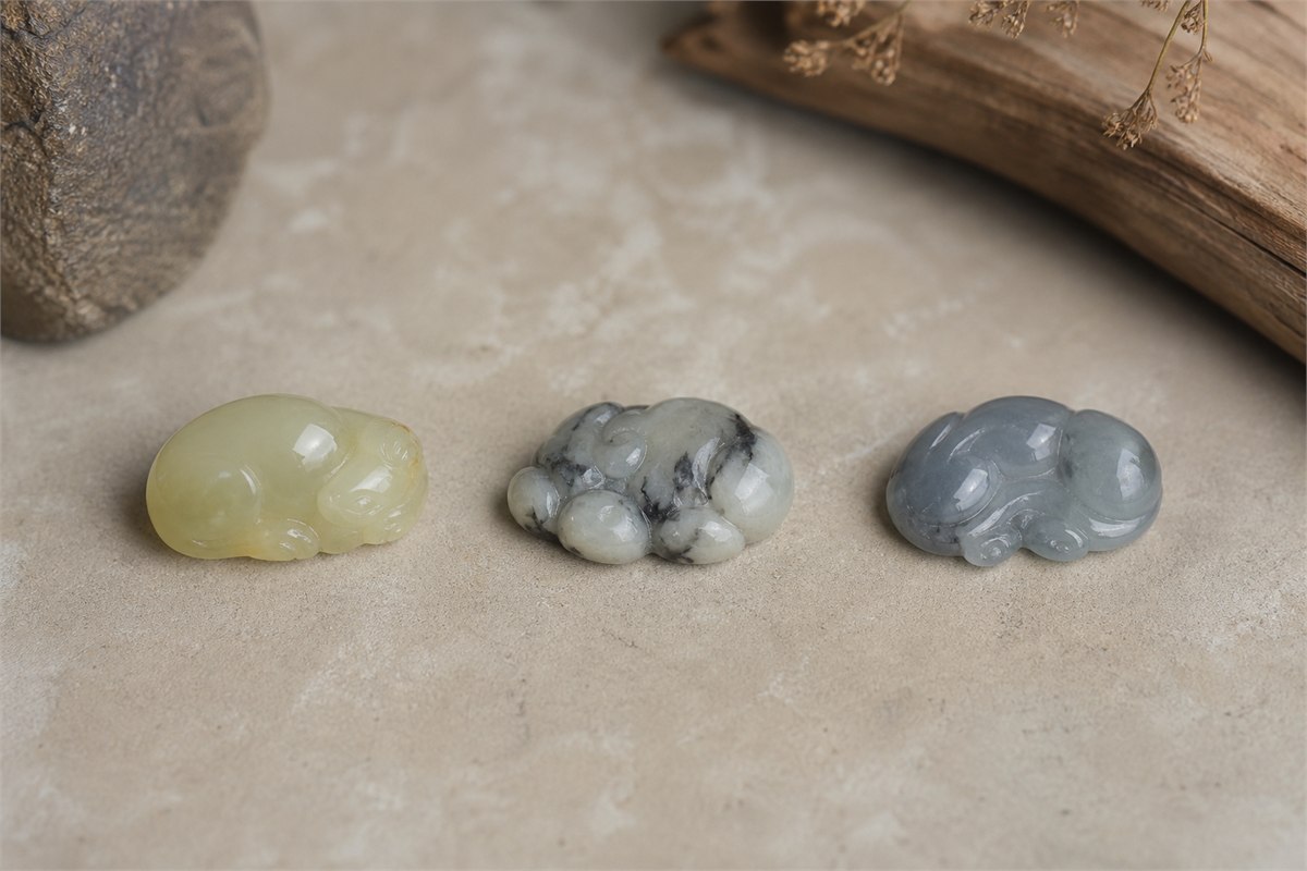 Three small carvings with translucent yellow-green, ink-wash grey and blue-grey appearances