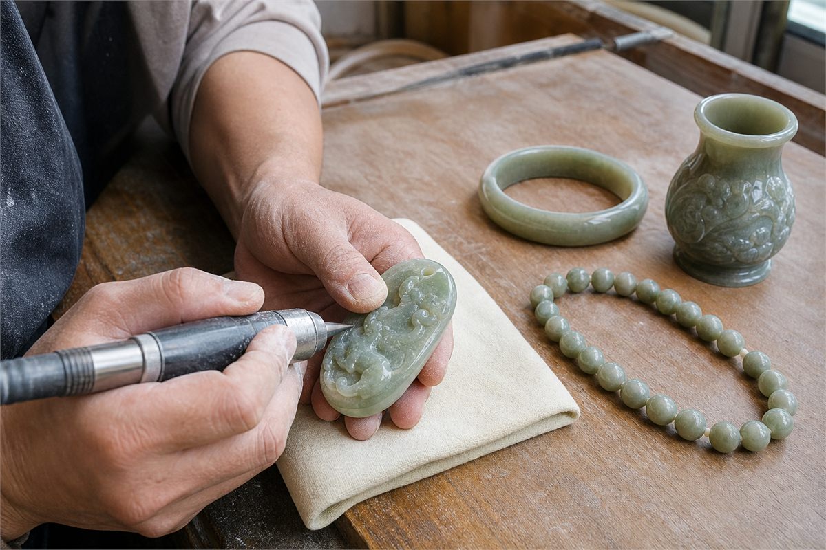 Artisan carving a pale green Xiuyu pendant beside a bangle, bead strand and small vessel