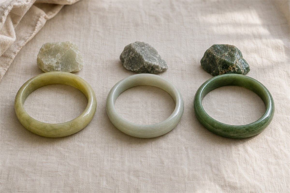Three matched bangles in muted yellow-green Xiuyu, cream-green nephrite and richer green jadeite
