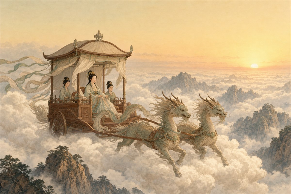 Later artistic cloud carriage with a seated female court figure and two dragon-like draft animals above mountains