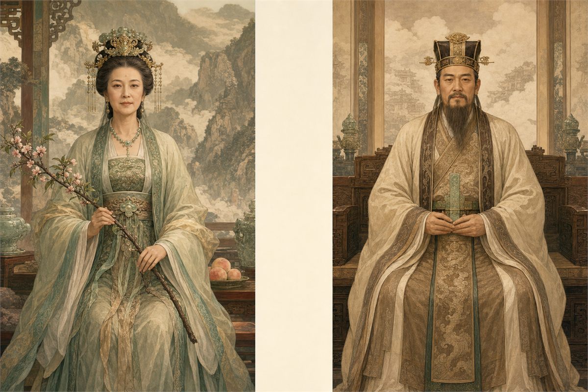 Separate panels show Xiwangmu and the Jade Emperor seated independently in different celestial courts