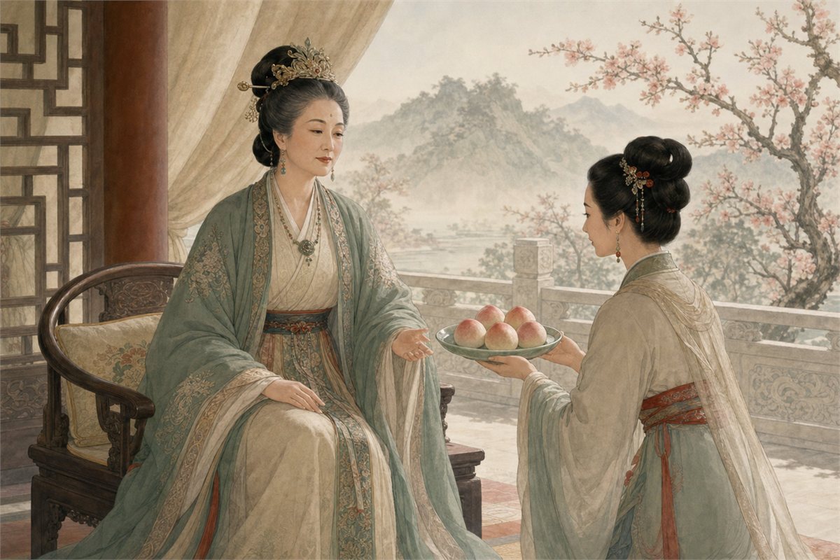 Historical illustration of a dignified seated Xiwangmu receiving a dish of five peaches from one attendant in a garden pavilion
