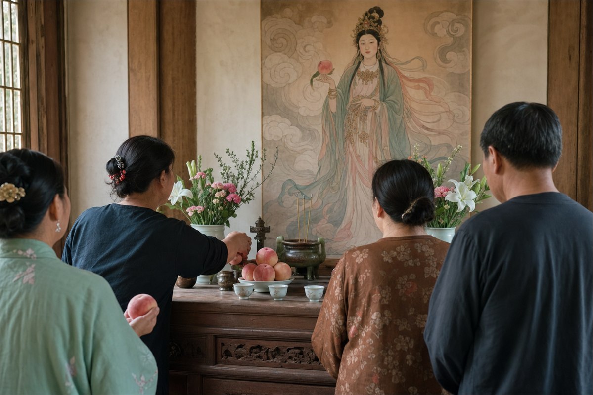 Small group of adults offers peaches, flowers, and tea before a painted Wangmu image