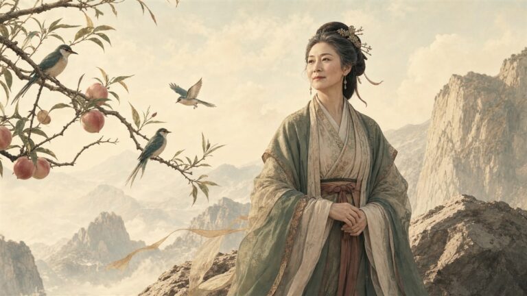 Modern editorial portrait of Xiwangmu with western mountains, peaches, and three blue-green birds