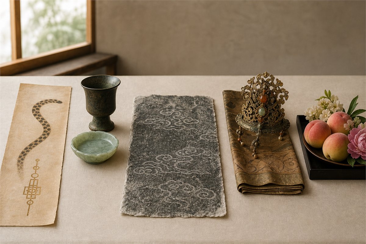Five separate study objects representing early myth, King Mu, Han imagery, later court art, and living offerings