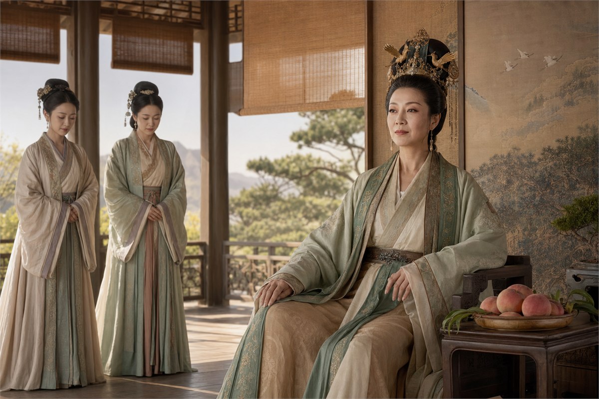 Later courtly interpretation of Wangmu Niangniang seated with two attendants and peaches