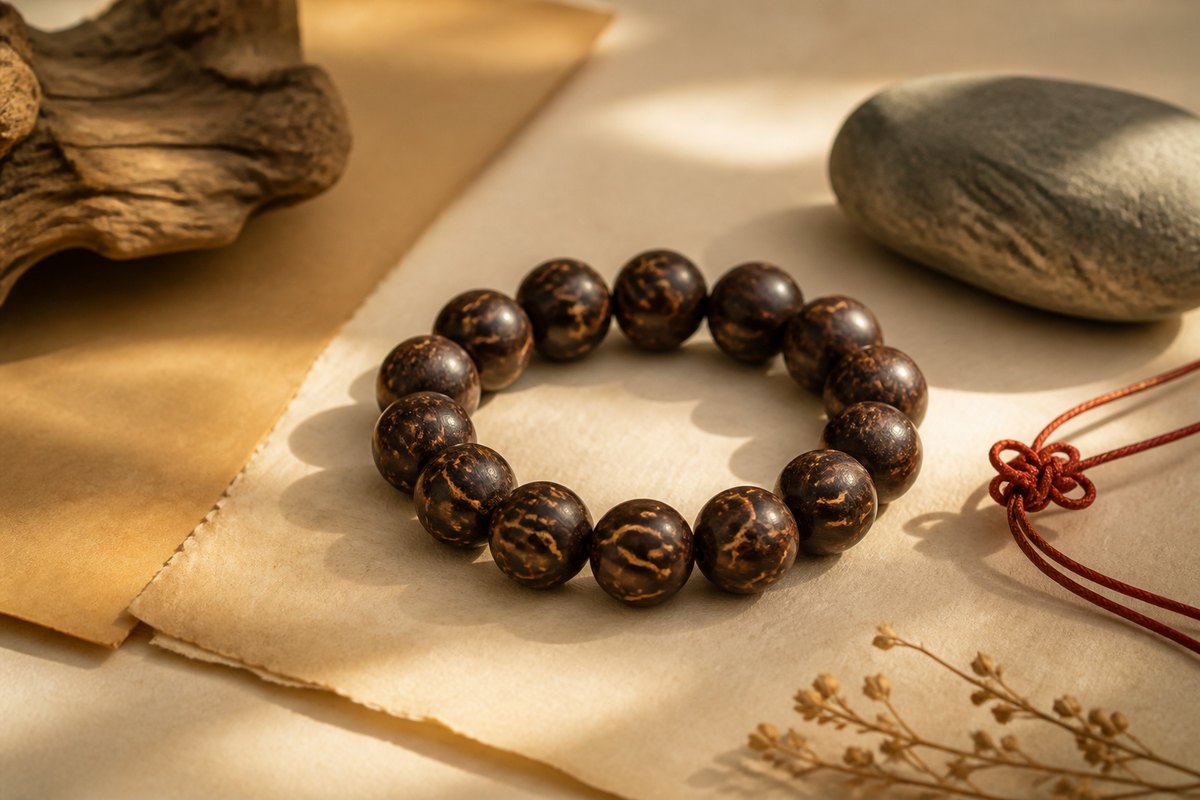 Thunderstruck wood bracelet with warm side light, parchment, stone, and a small red cord