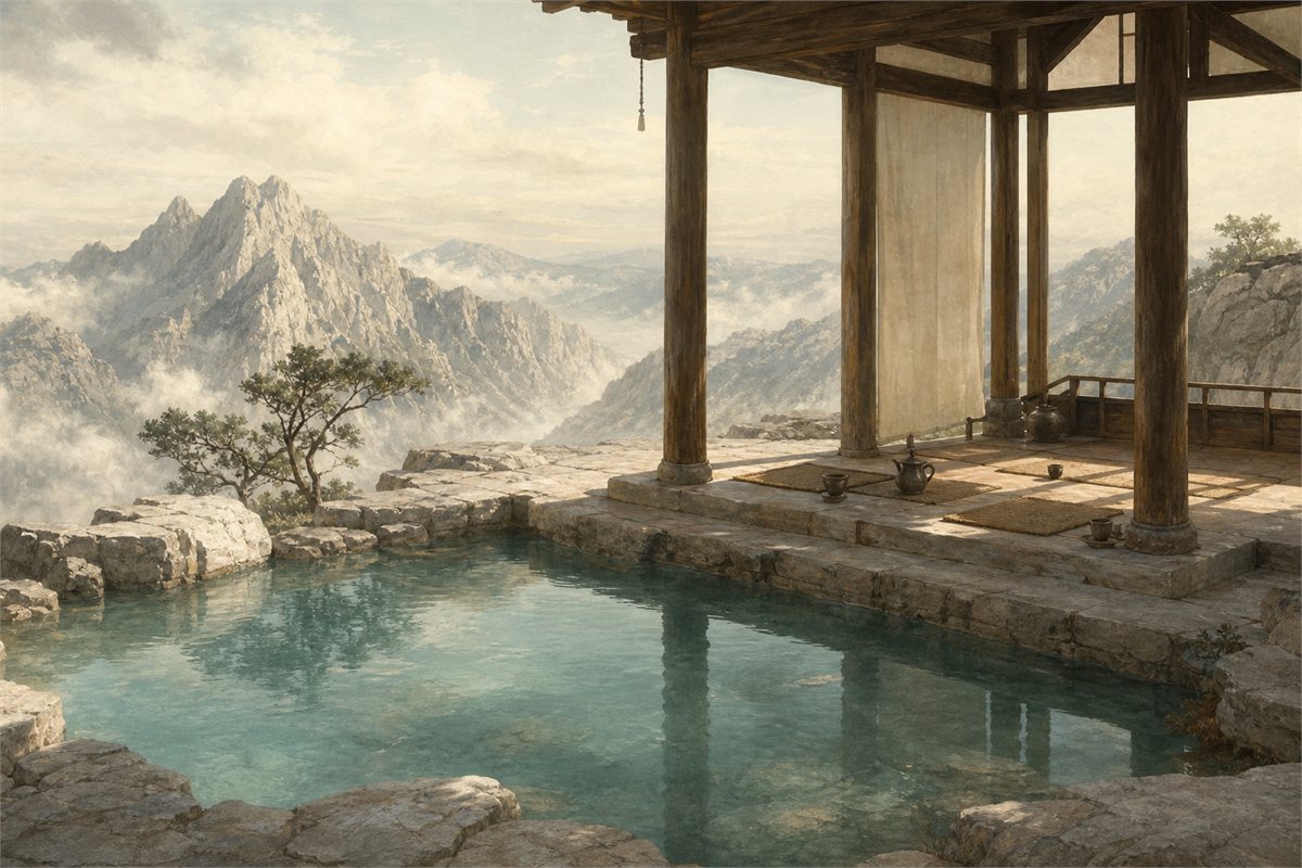 Imagined jade-colored pond and open pavilion on a quiet high mountain terrace