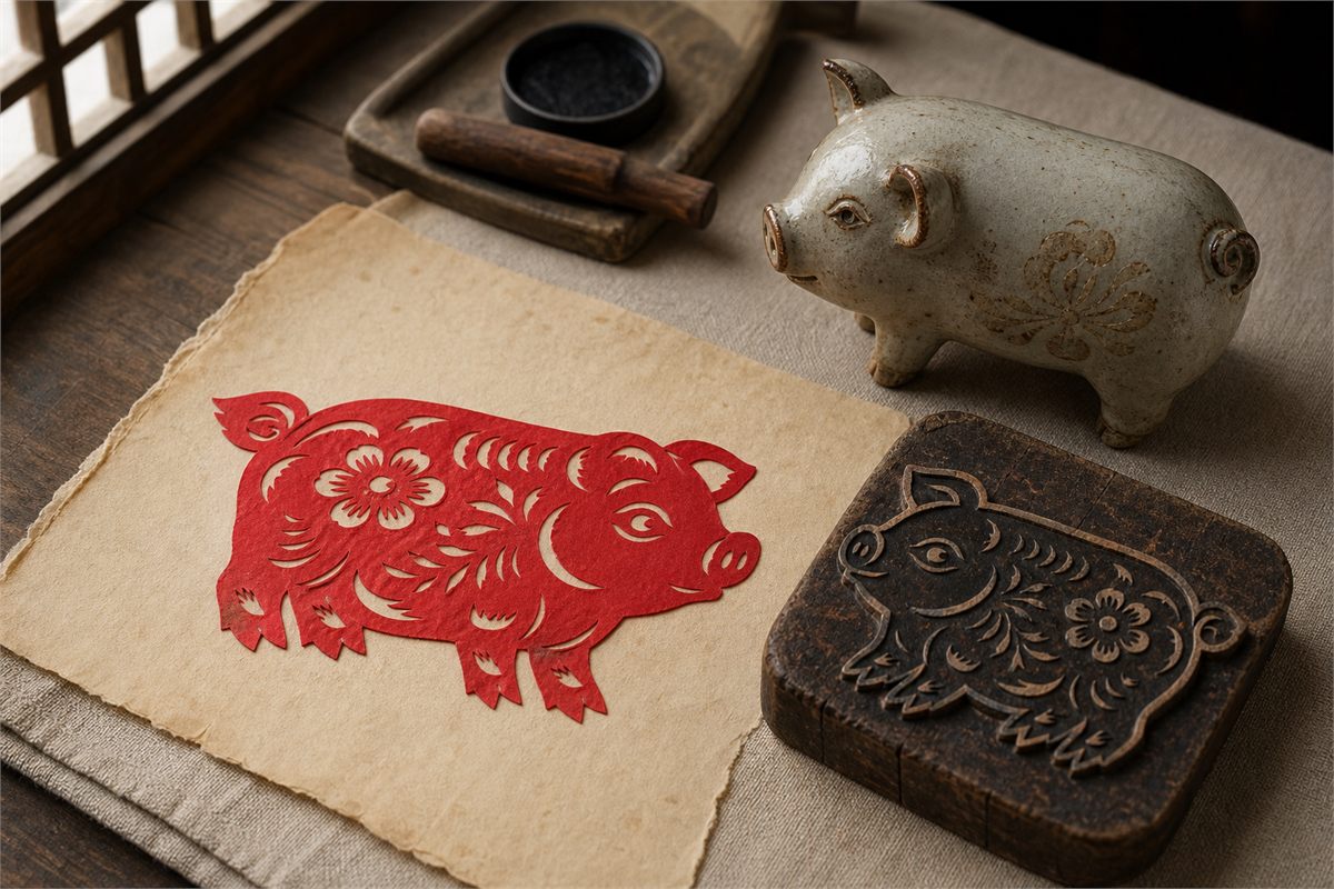 Red Pig paper cut, carved printing block, and ceramic Pig figure on handmade paper