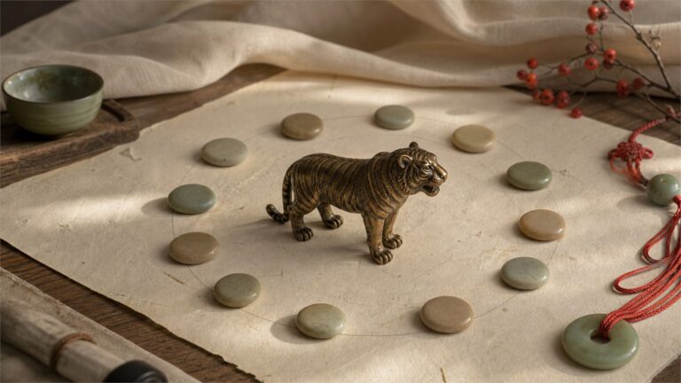 Bronze-toned tiger figure surrounded by twelve stone tokens on handmade paper