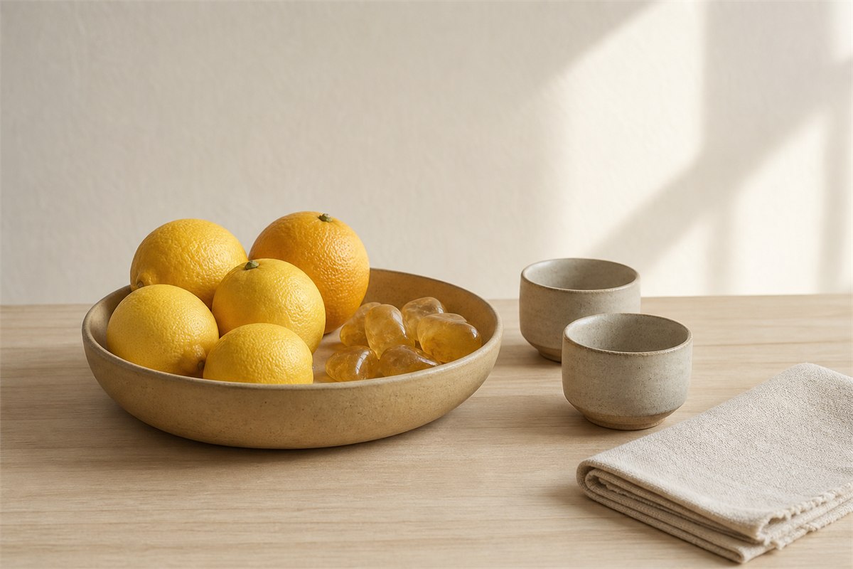 Five citrus fruits and polished yellow stones in an ochre bowl beside two ceramic tea cups