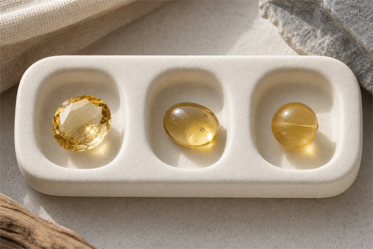 Faceted yellow quartz, yellow glass cabochon, and translucent resin bead separated in a neutral comparison tray