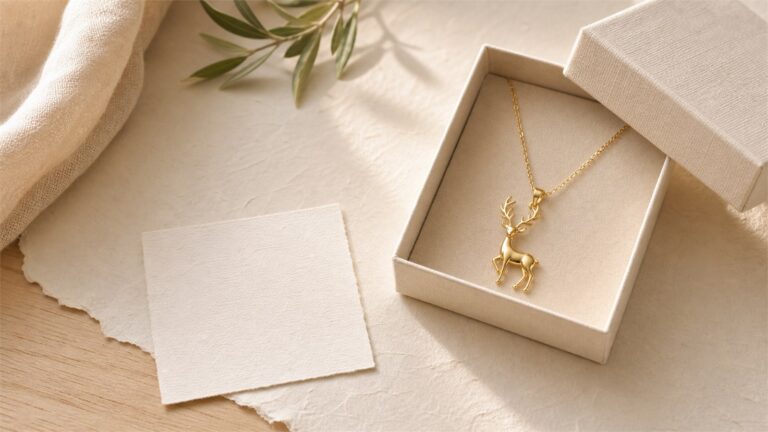 Gold deer pendant necklace in a cream gift box beside a blank card on warm ivory paper