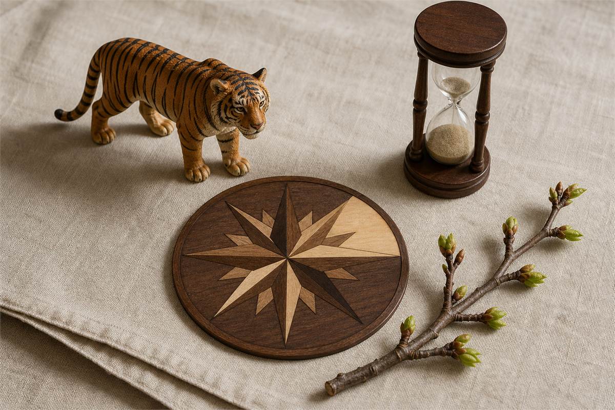 Tiger figure beside an hourglass, wooden compass rose, and budding spring branch