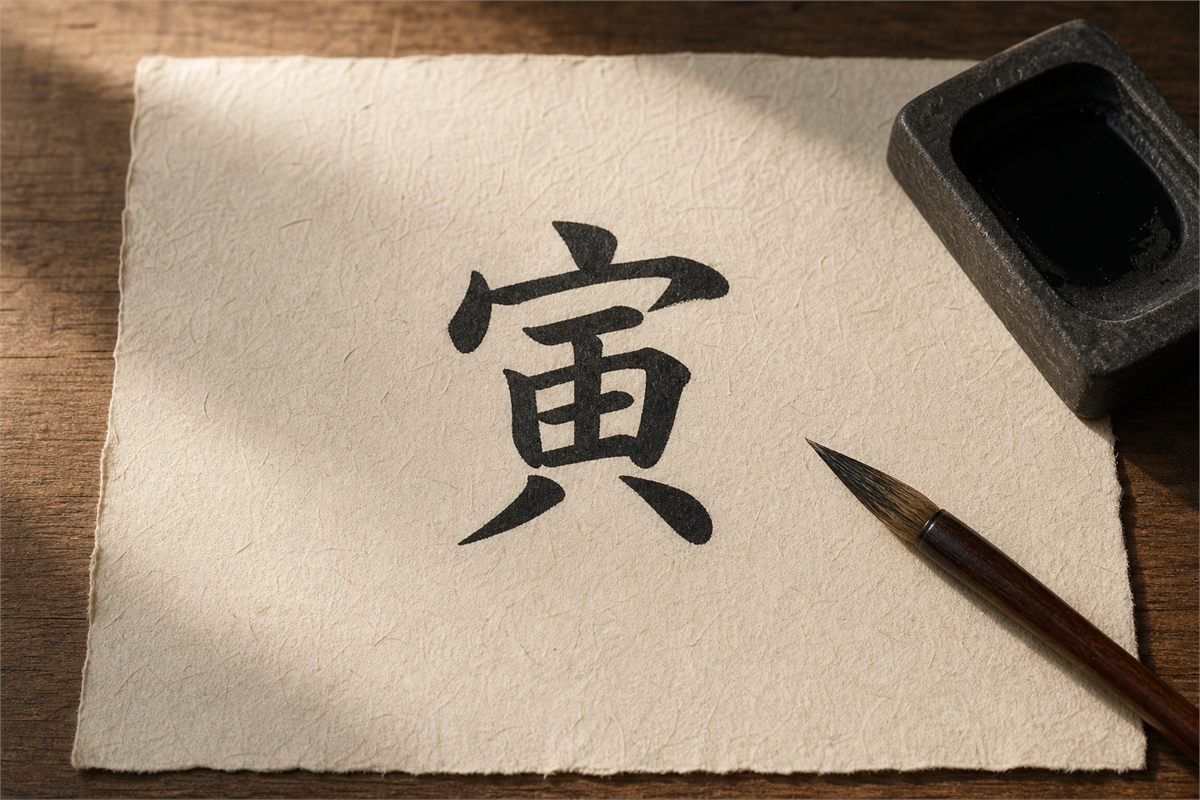 Calligrapher’s brush beside a single clearly written 寅 character on handmade paper