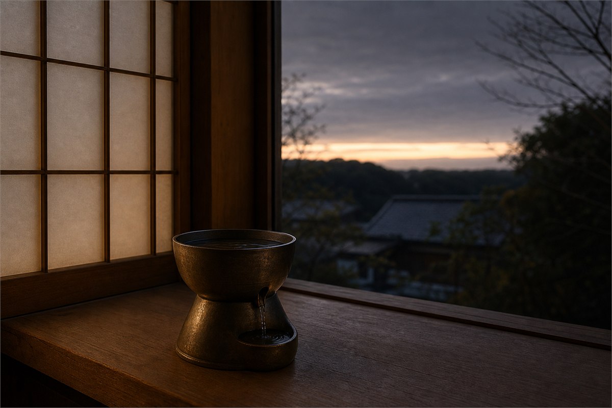 Quiet pre-dawn room with a water clock and pale light appearing beyond the window