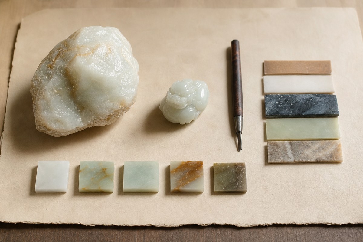 Raw jade-like stone, small carved sample, carving tool, and material samples arranged on warm parchment