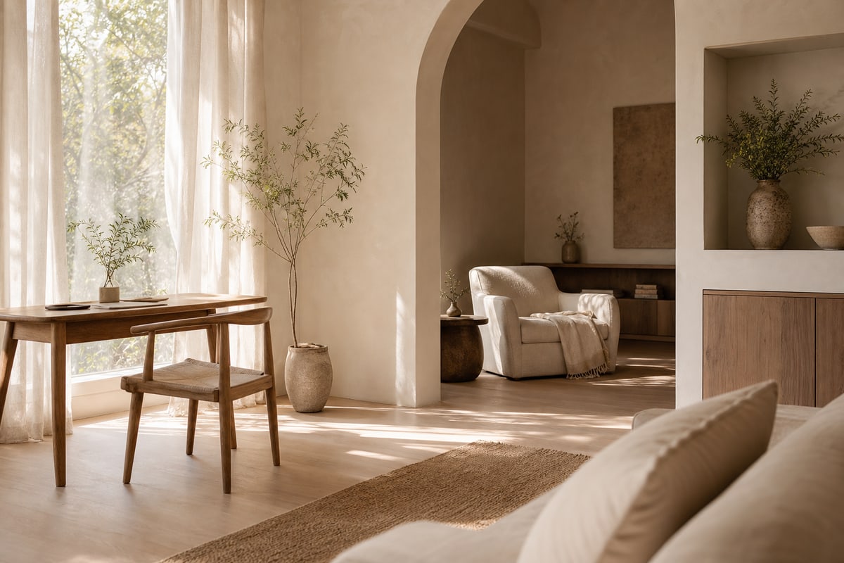 Living room with a bright active area flowing into a softer shaded reading alcove