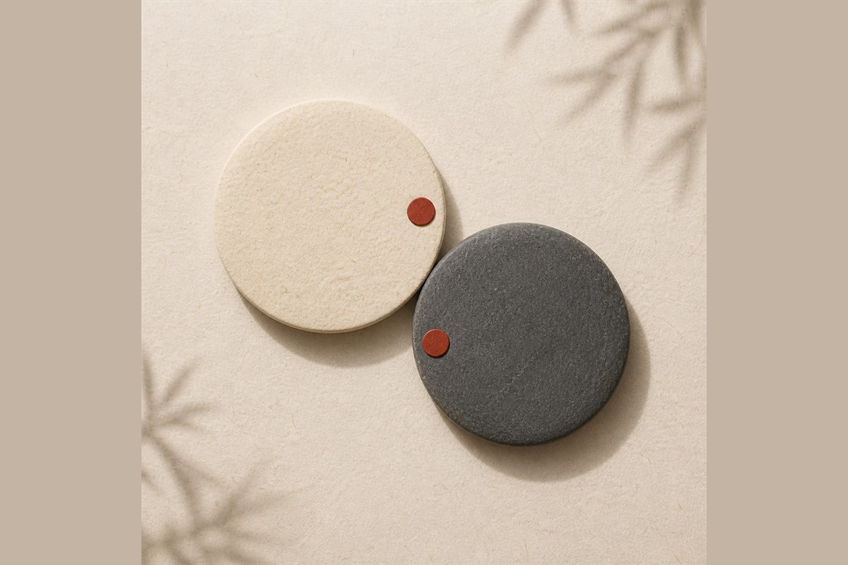 Balanced ivory and charcoal discs with two restrained vermilion markers