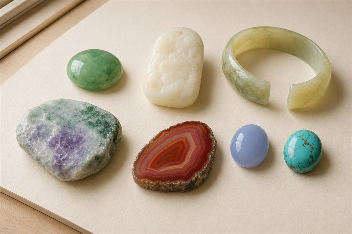 Jadeite, white nephrite, Xiuyan-style bangle, multicolor Dushan-style stone, agate, blue chalcedony, and turquoise arranged separately