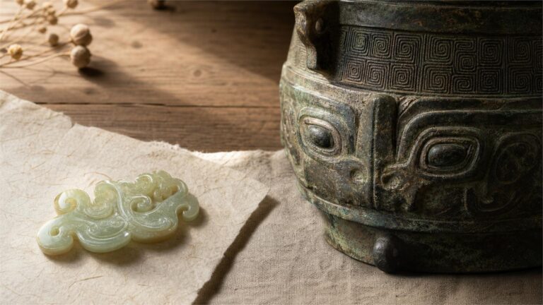 Bronze vessel detail with small spiral ground pattern beside a pale jade carving on warm neutral fabric