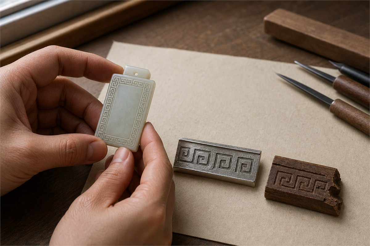 Hands inspecting a pale jade pendant beside clean metal engraving and a chipped uneven wood sample