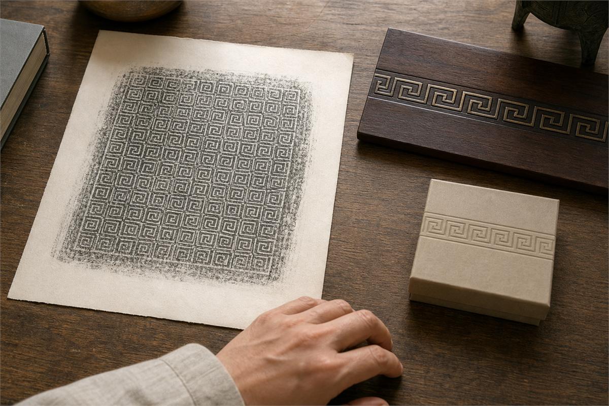 Bronze-pattern rubbing, wood meander sample, and embossed gift box on a museum educator's desk