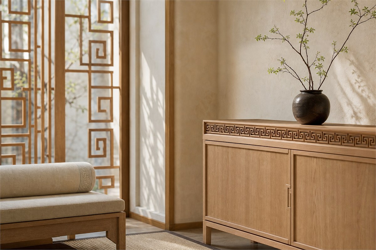 Light wood screen and cabinet with restrained spiral-return borders in a warm neutral interior