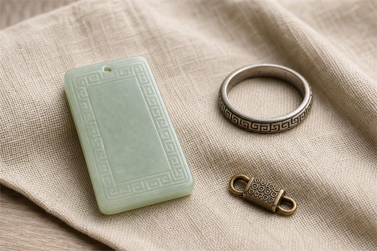 Pale jade pendant, engraved silver ring, and bronze-tone clasp with restrained geometric borders